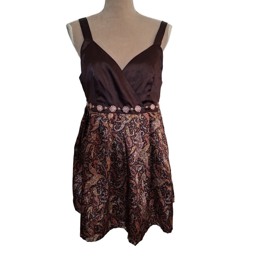 Color Code Crazy Brown Satin Paisley Floral Sequin Mini Dress Womens Medium